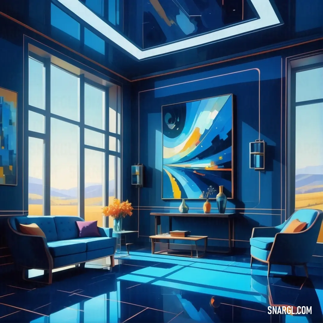 Living room with a blue couch and a painting on the wall above it and a blue chair and a table. Example of CMYK 46,18,0,2 color.