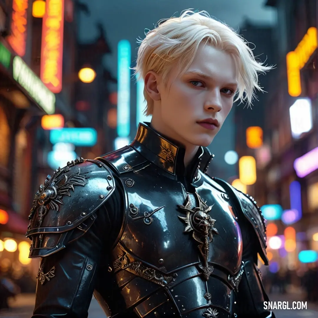 A man clad in black stands in the midst of a neon-lit street at night, the city's skyline glowing with colorful lights in the distance. The atmosphere is electric, filled with mystery and energy.