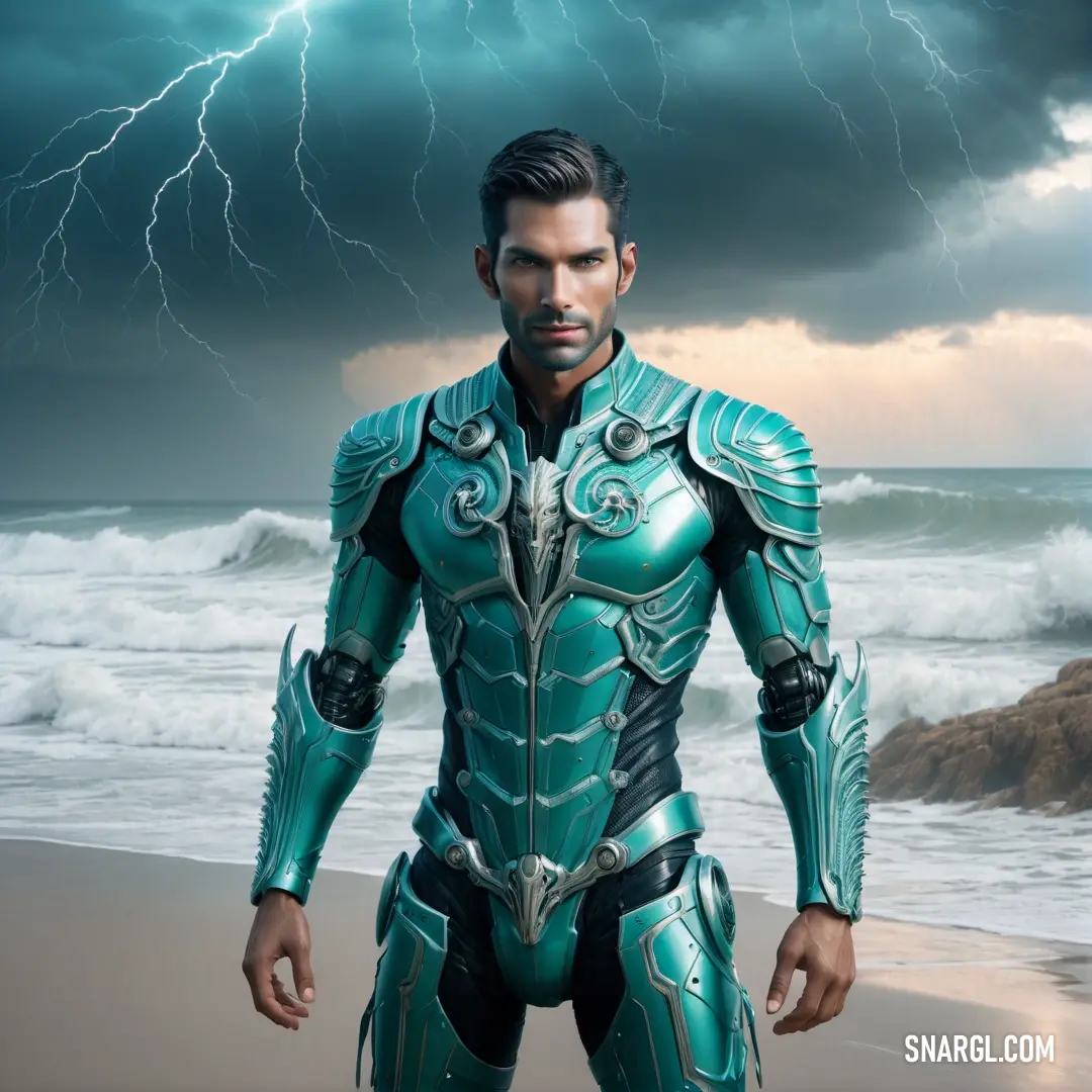 A man in a sharp suit stands alone on a beach, the dark storm clouds overhead crackling with lightning. The intensity of the storm contrasts with his calm, composed demeanor, creating a scene full of tension and drama.