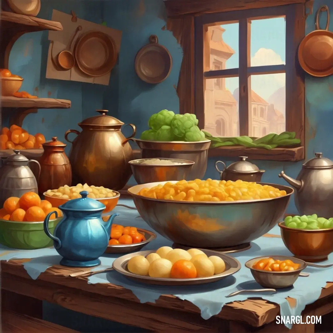 A bright and cheerful painting depicting a dining table adorned with a variety of colorful food items, set against the backdrop of a sunlit window that fills the scene with warmth and inspiration.