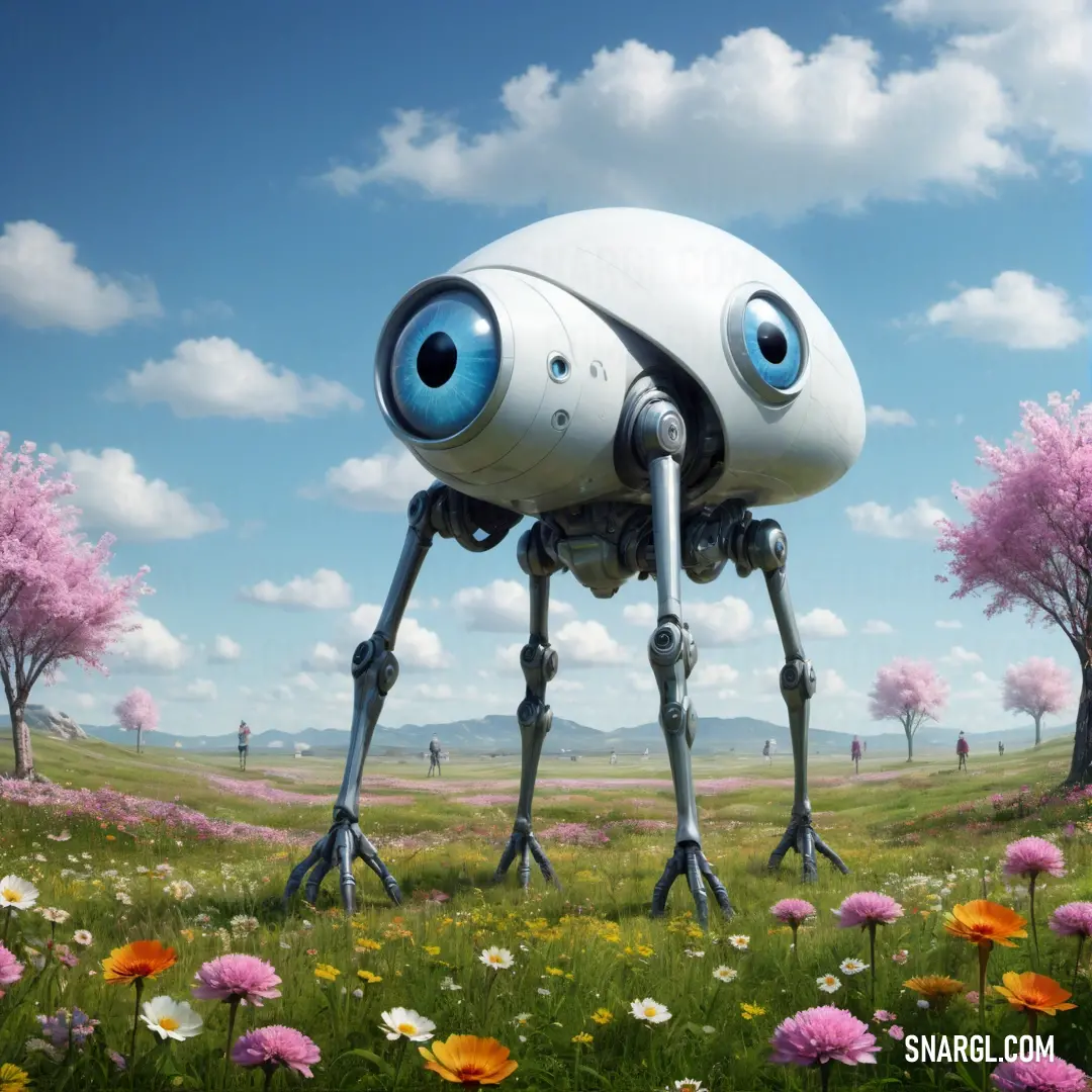 A charming robot with large, expressive eyes stands amidst a colorful field of flowers and grass. The soft, sky-blue backdrop complements the robot’s friendly appearance, creating a whimsical scene where nature and technology meet in perfect harmon