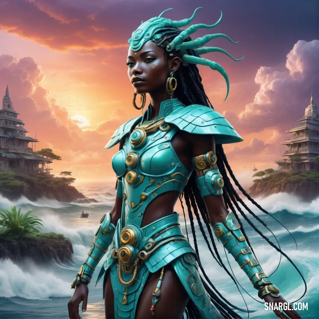 A determined woman dressed in a vivid blue outfit stands tall in the ocean, the waves crashing at her feet. A large ship looms in the background, suggesting a vast adventure ahead.