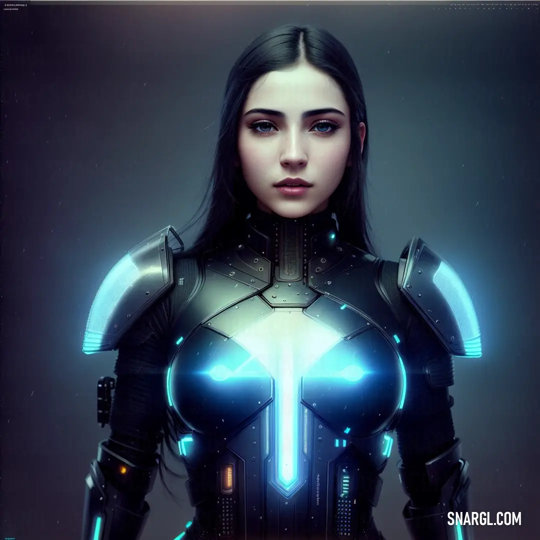 Woman in a futuristic suit with glowing lights on her chest. Example of #87CEFA color.