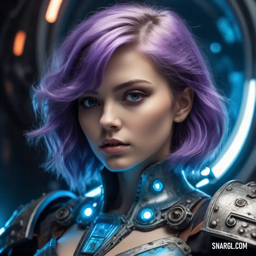 Woman with purple hair and a futuristic outfit with blue lights on her chest and arm. Color Light sky blue.