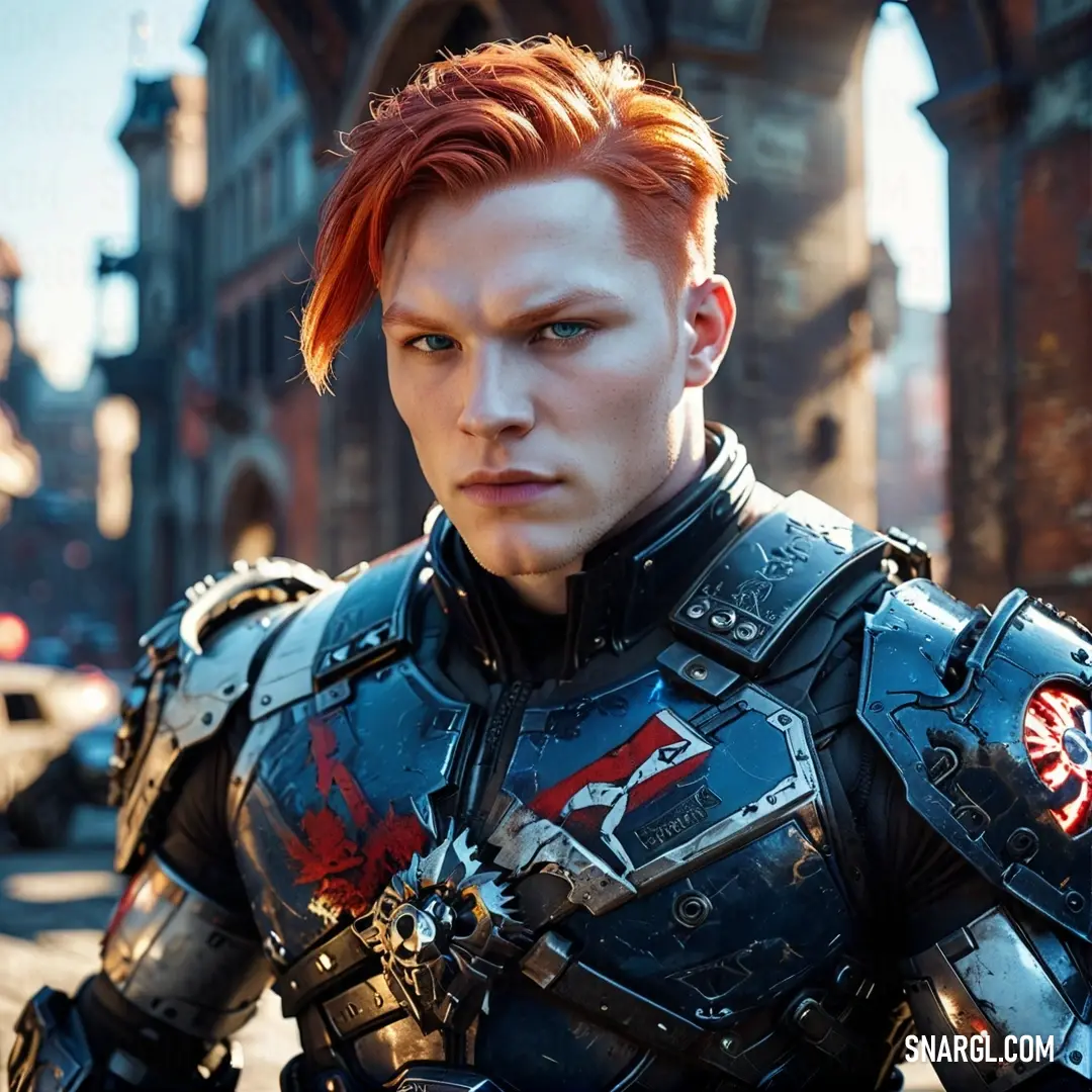 A man with fiery red hair stands on a city street, his suit impeccably tailored. Behind him, a majestic clock tower looms, while the cool blue of the sky contrasts with his vibrant appearance.