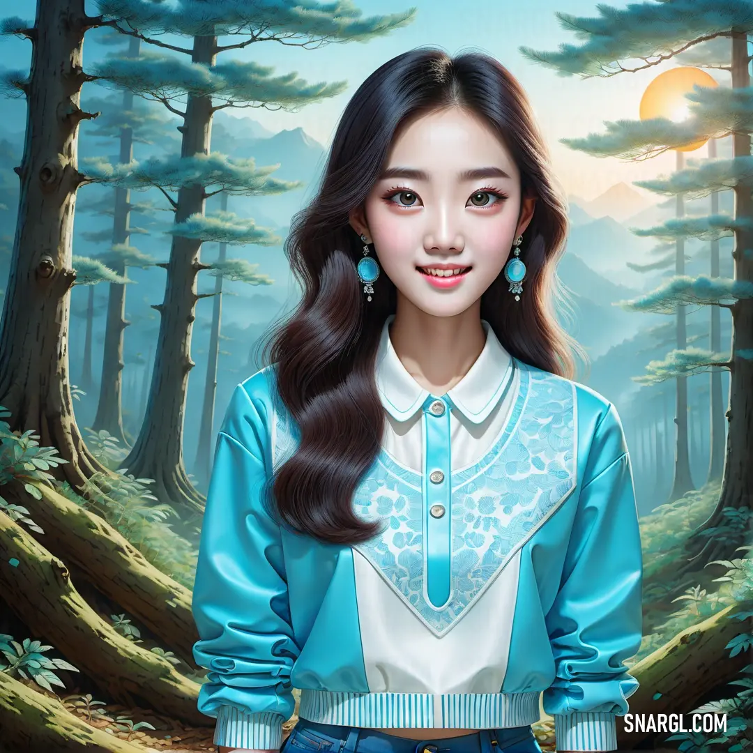 Painting of a woman in a blue shirt and jeans standing in a forest with trees and a full moon. Color Light sky blue.