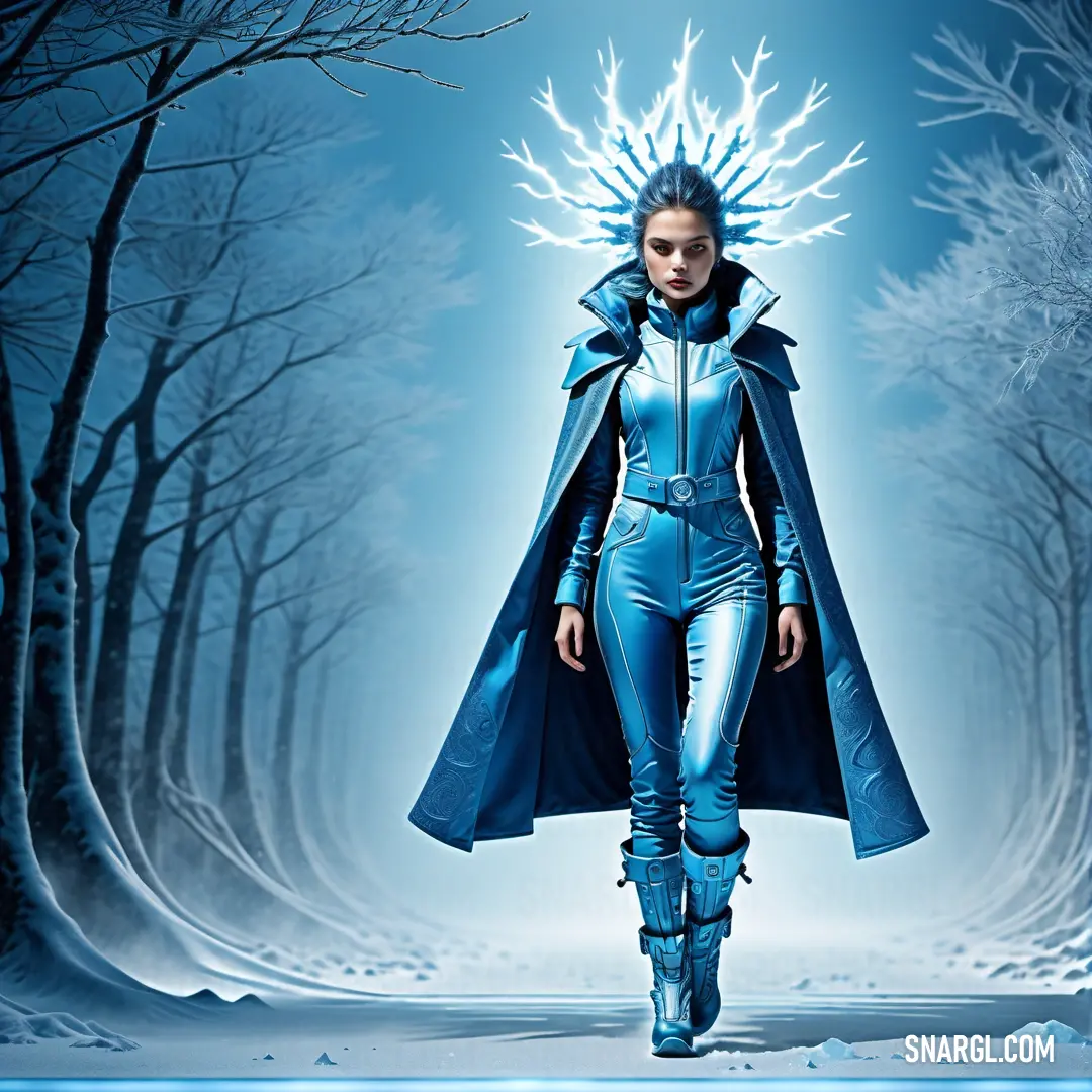 Light sky blue color example: Woman in a blue outfit walking through a forest with trees and snow on the ground
