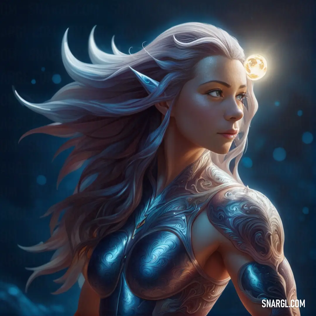 A powerful woman stands confidently, a glowing orb floating above her head while she holds a sharp sword in one hand. Behind her, the serene blue hue of the background contrasts with her strong presence.