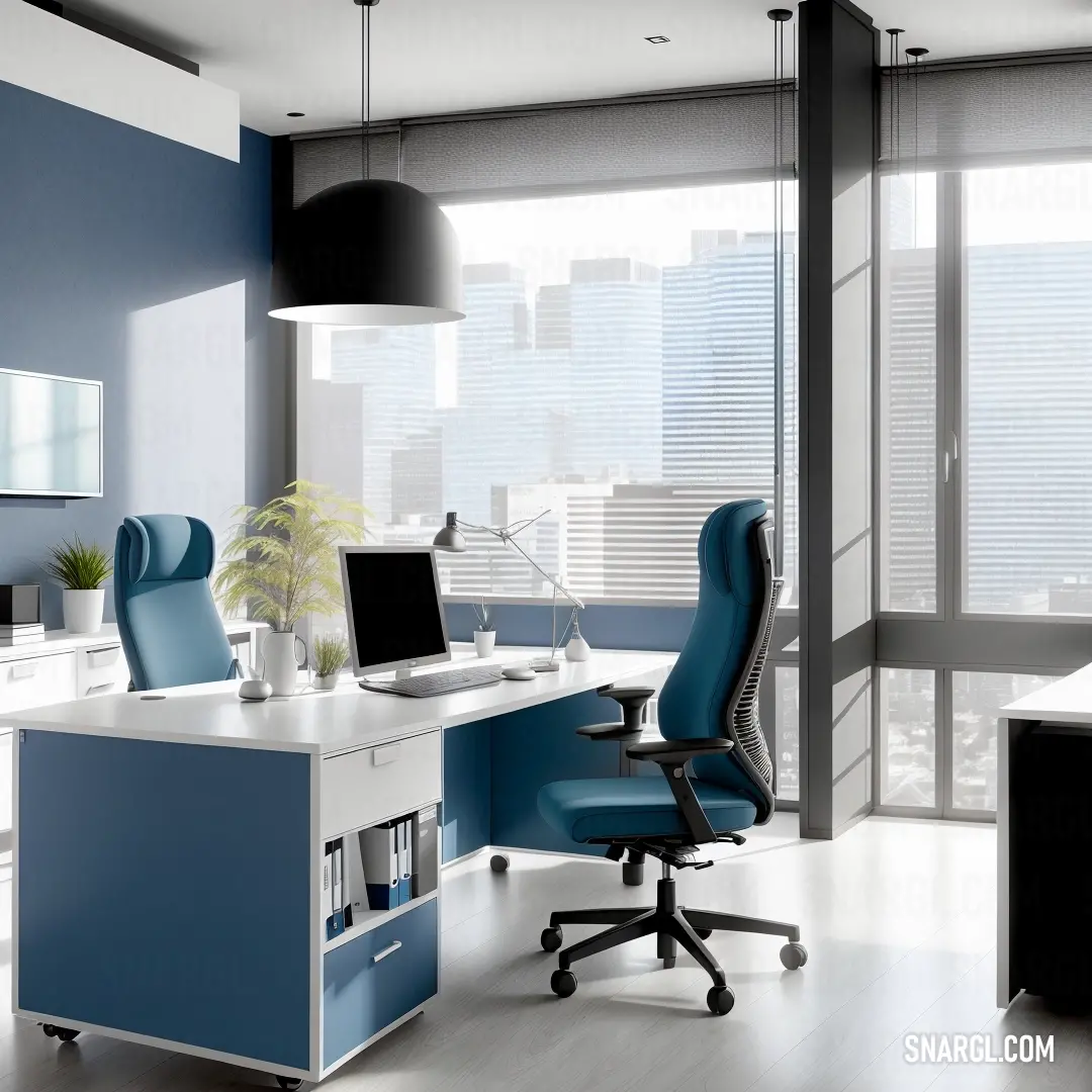 Light slate gray color. Blue and white office with a desk and chair and a laptop on a desk with a bookcase