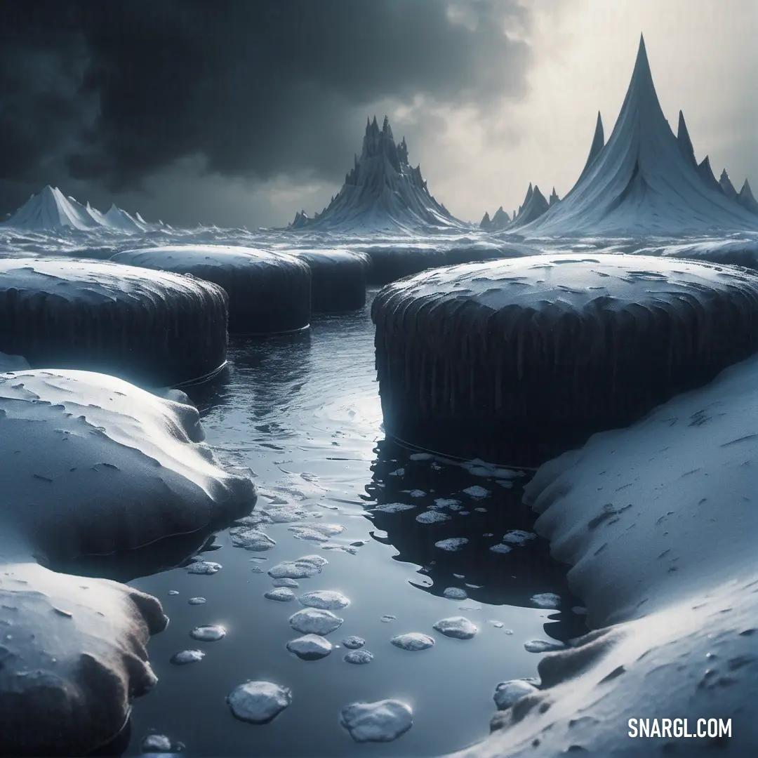 Light slate gray color example: Group of ice covered mountains next to a river in the snow with water running between them and a dark sky