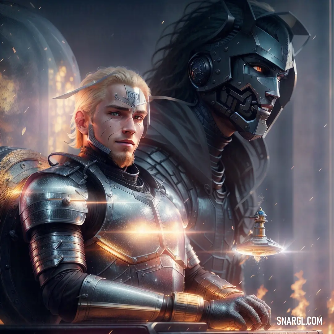 Man in armor standing next to a demon in a dark room with fire coming from his chest