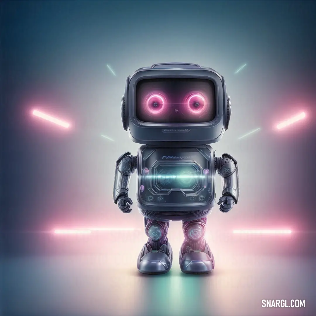 Robot with glowing eyes and a glowing light behind it is standing in a room with a blue background