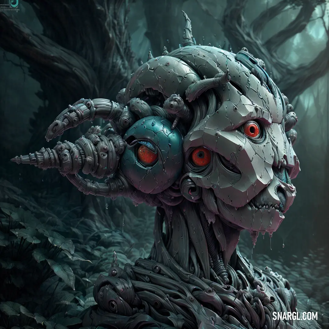 Strange creature with red eyes in a forest with trees and bushes in the background