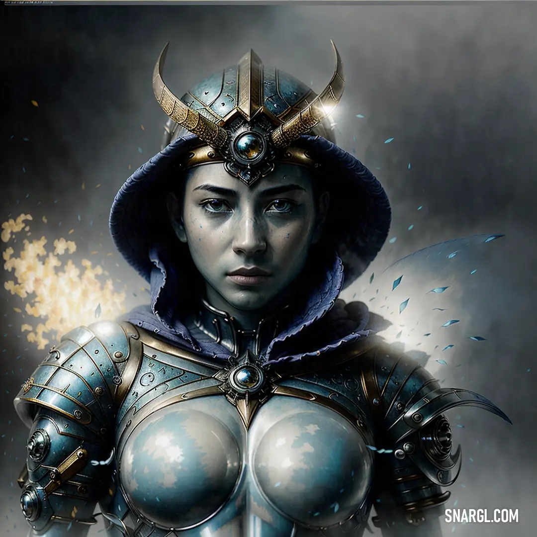 Woman dressed in armor and a helmet with horns on her head