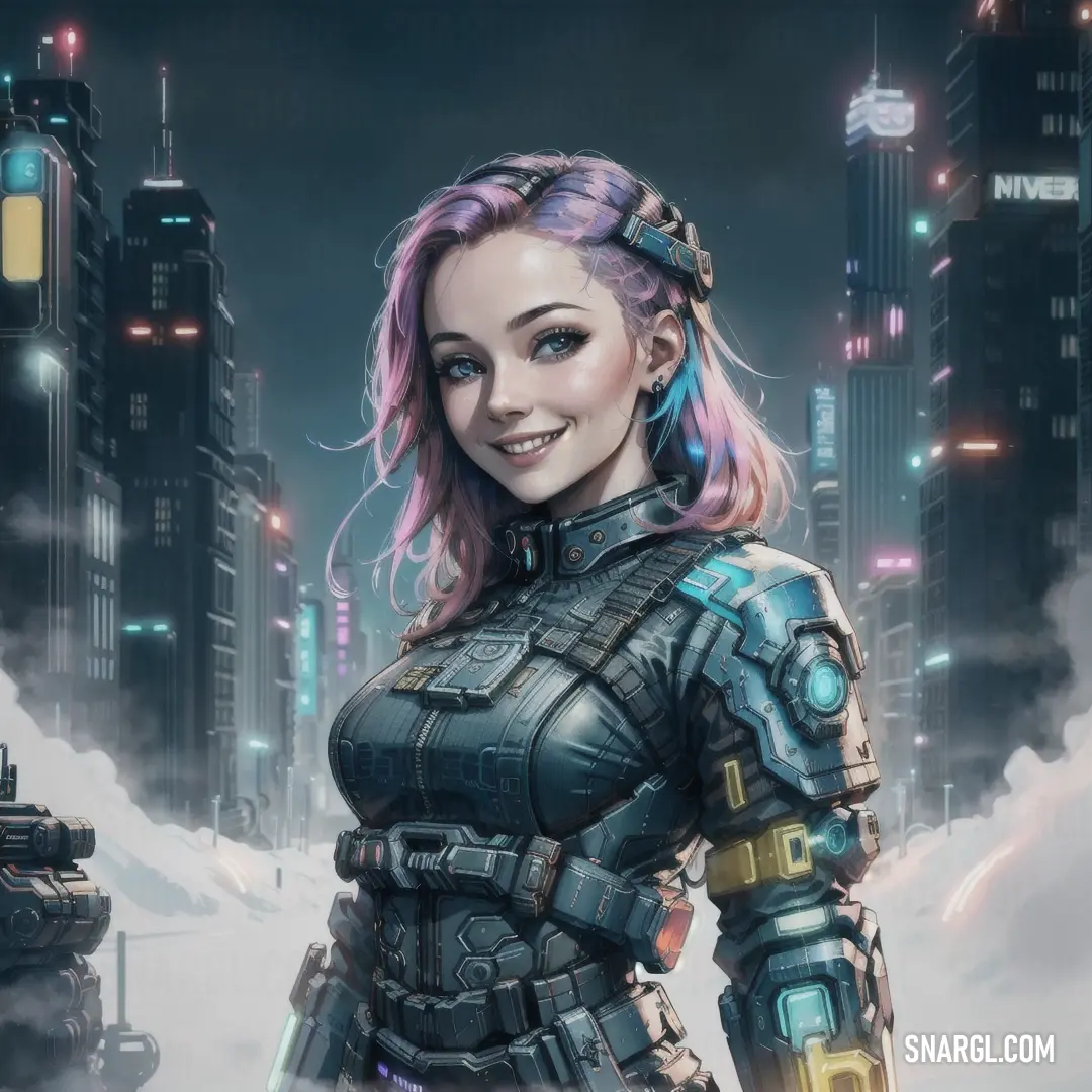 Woman with pink hair and a sci - fi outfit standing in a city at night