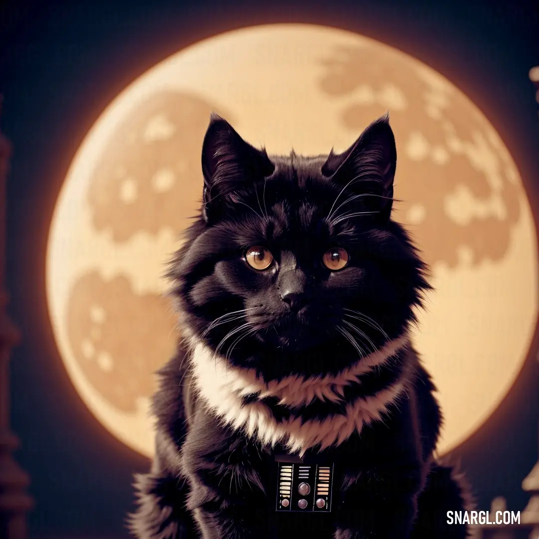 Black cat with a collar in front of a full moon with a star wars logo on it