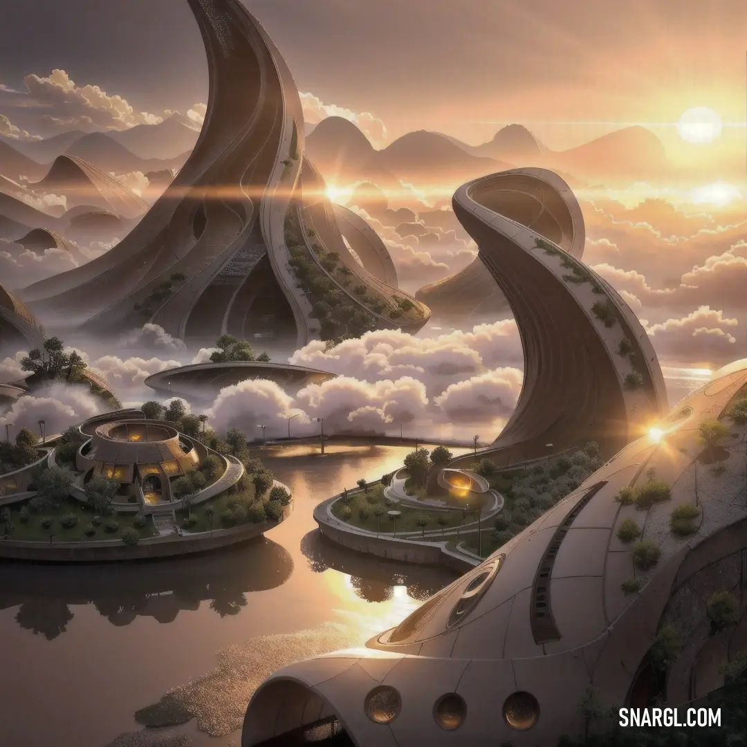 Futuristic city surrounded by mountains and clouds with a river running through it and a bridge crossing over the water