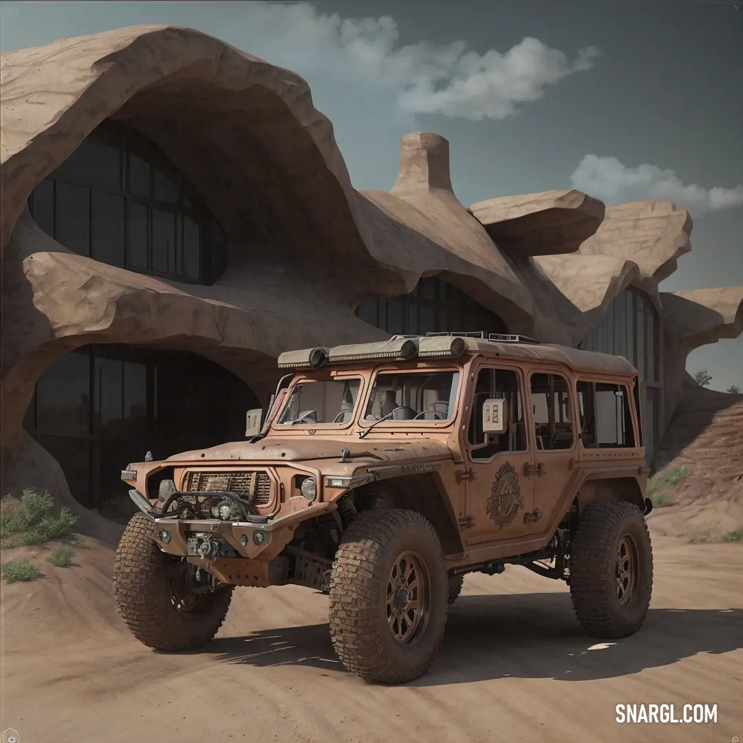 Jeep parked in front of a large rock formation with a house in the background. Color #B38B6D.