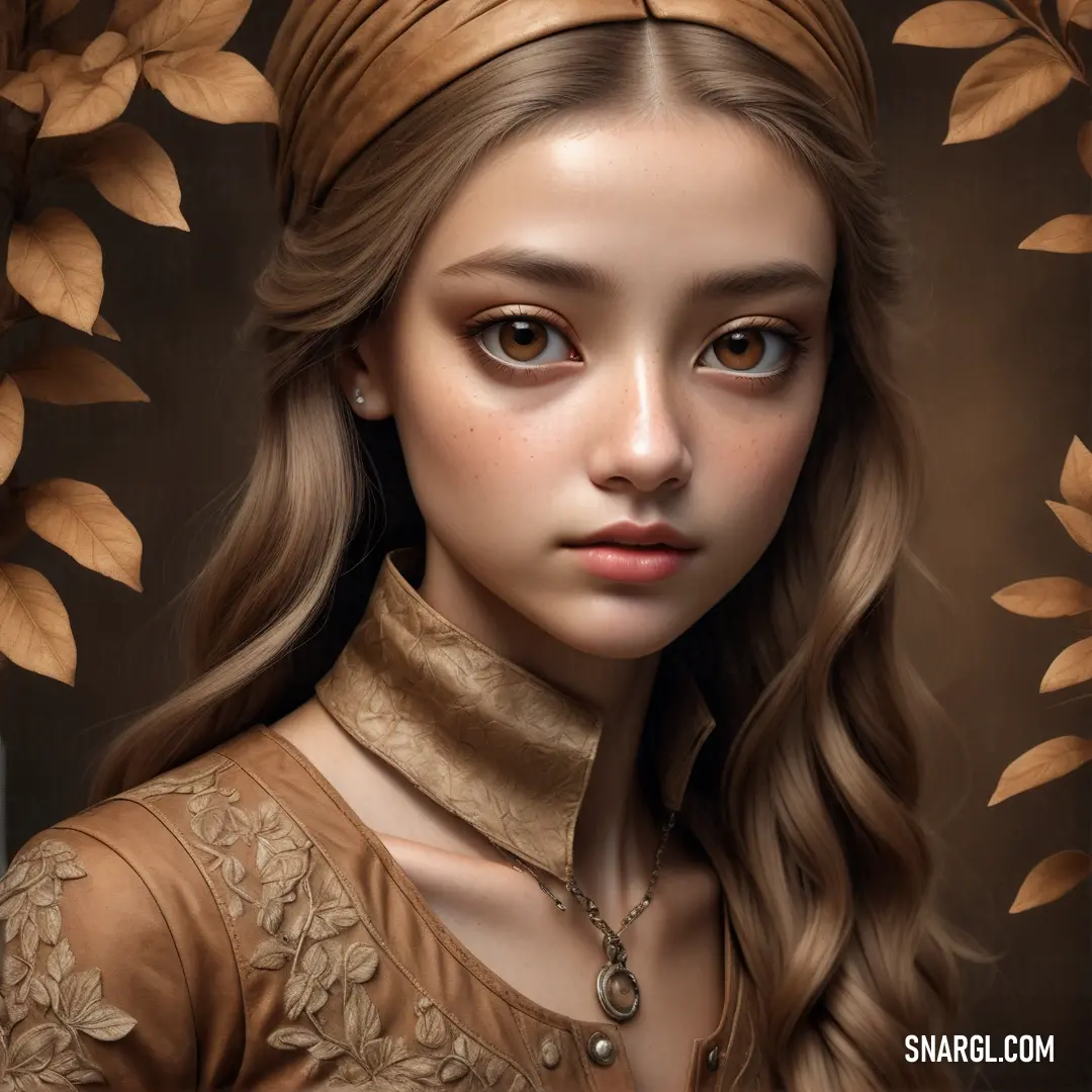 Digital painting of a young girl with long hair and a headband on her head. Color #B38B6D.