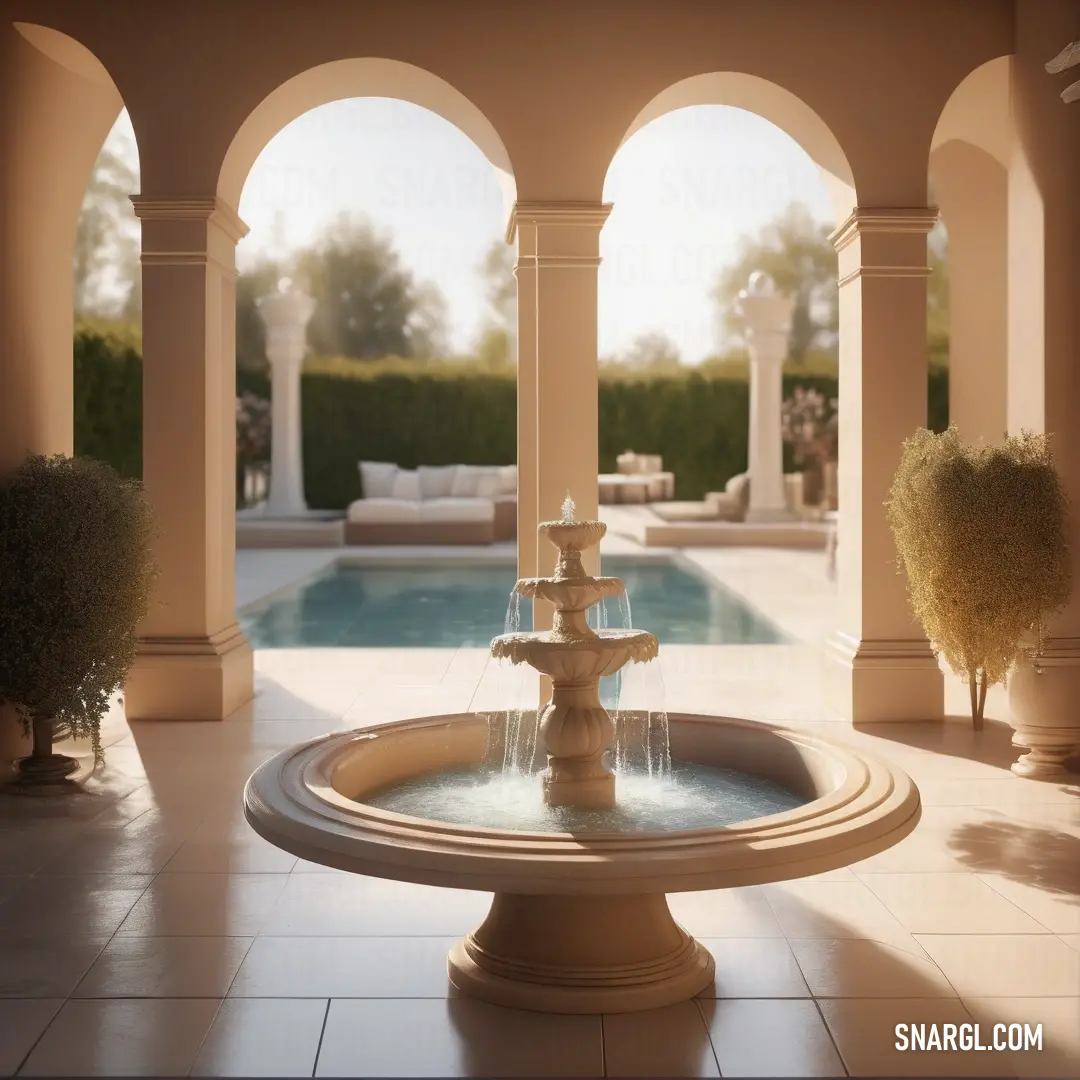 Fountain in a courtyard with arches and a pool in the background. Example of RGB 179,139,109 color.