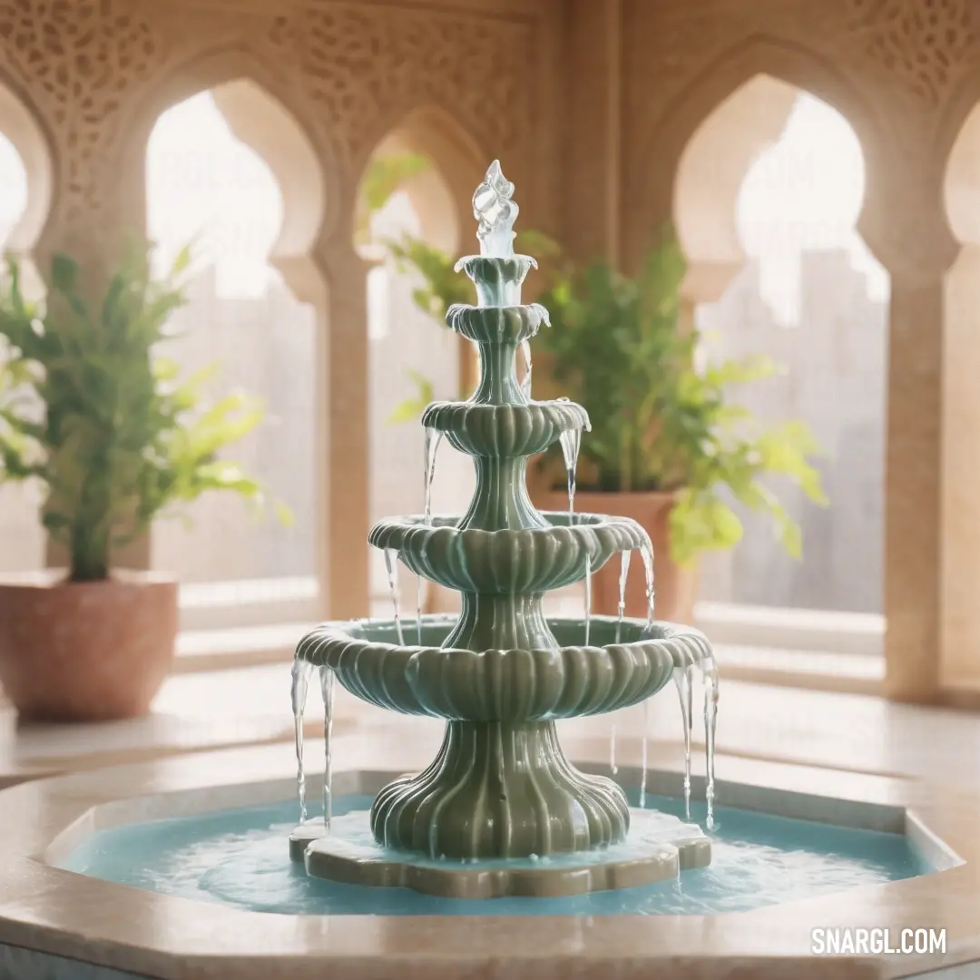 Fountain in a room with potted plants and a window in the background. Color RGB 179,139,109.