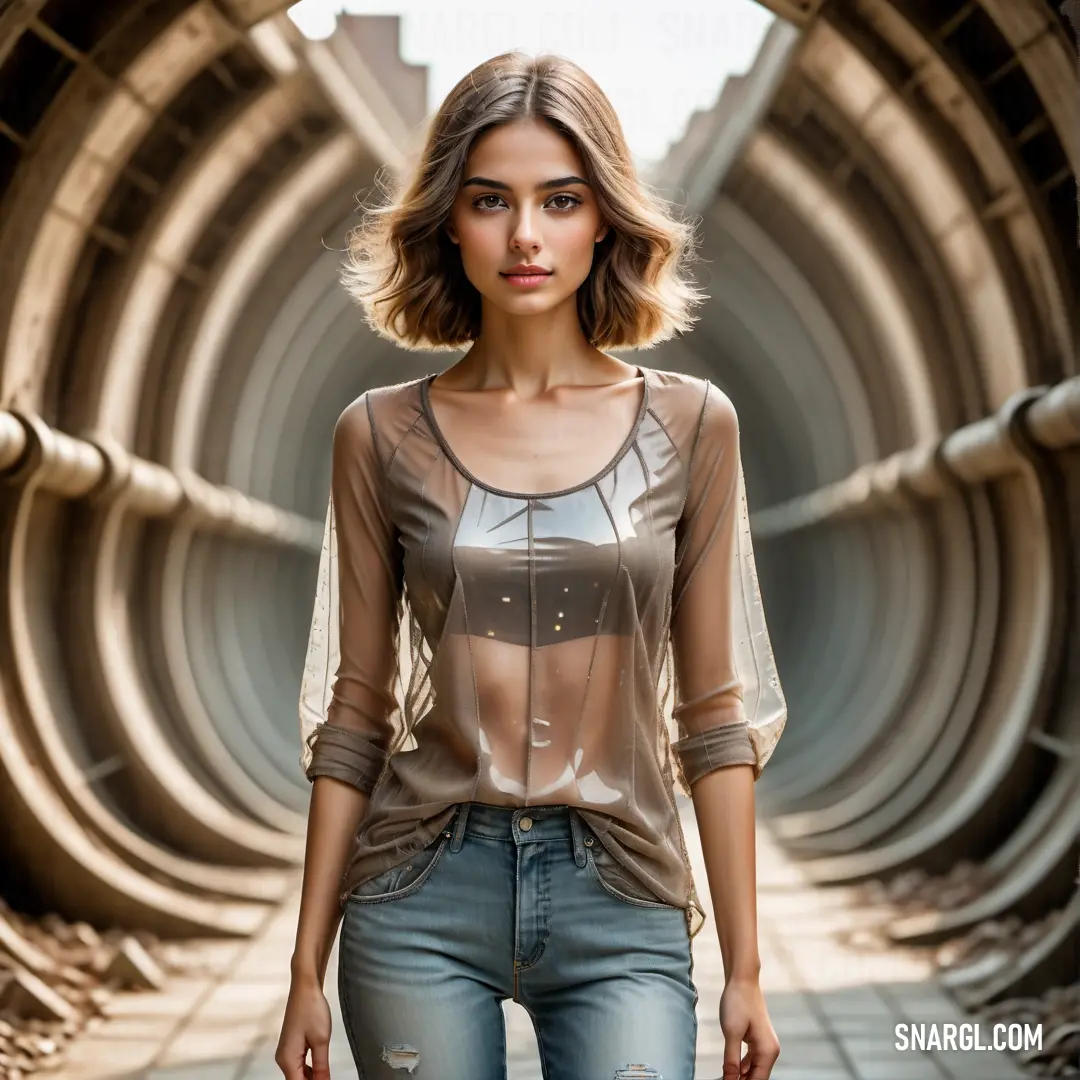 Woman standing in front of a tunnel of pipes with her hands in her pockets and looking at the camera. Example of RGB 179,139,109 color.