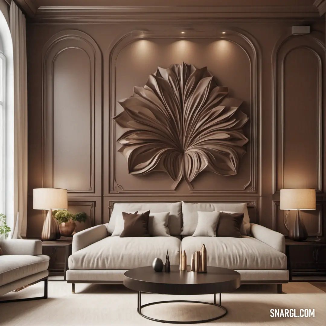Light taupe color. Living room with a couch and a table in it and a large flower on the wall behind it