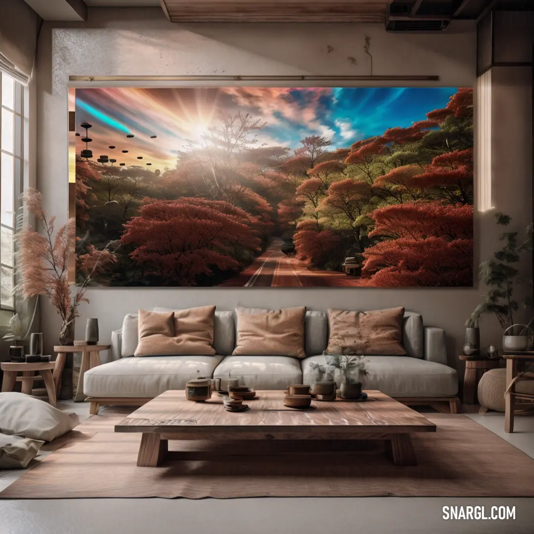 Living room with a large painting on the wall and a couch in front of it with pillows on the floor. Color Light taupe.