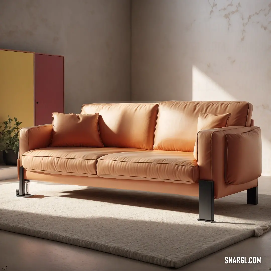 Tan couch on top of a rug in a living room next to a window with a plant