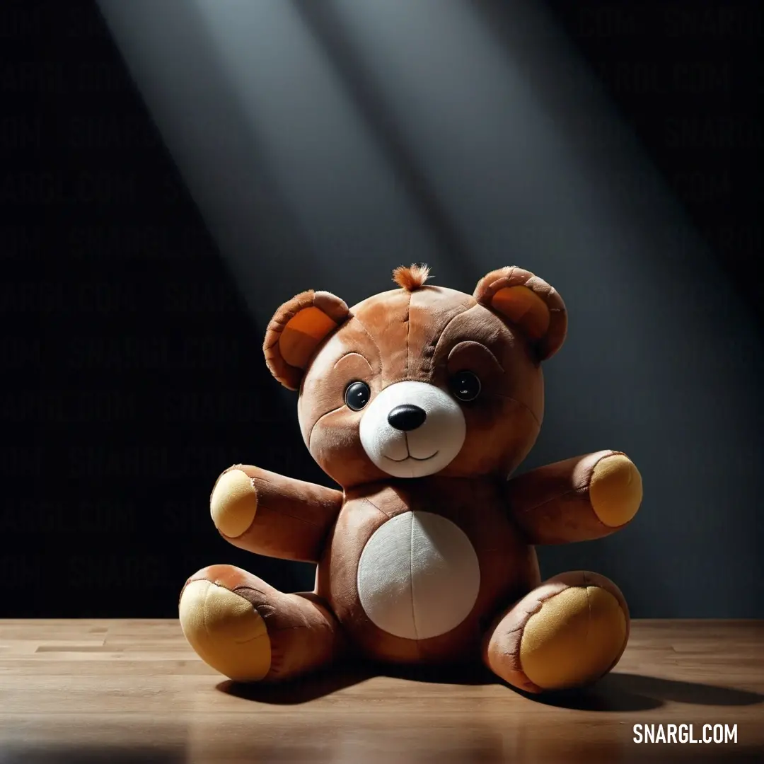 Teddy bear on a table with a light shining on it's head and a spot of light on its chest. Color CMYK 0,22,39,30.