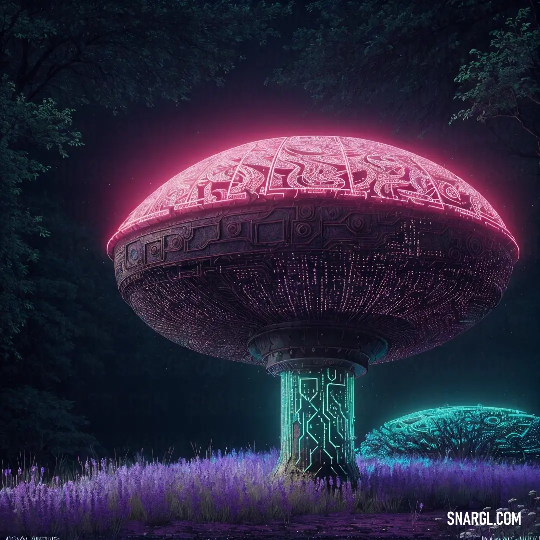 Large mushroom like structure in a field of purple grass at night with a pink light on top of it