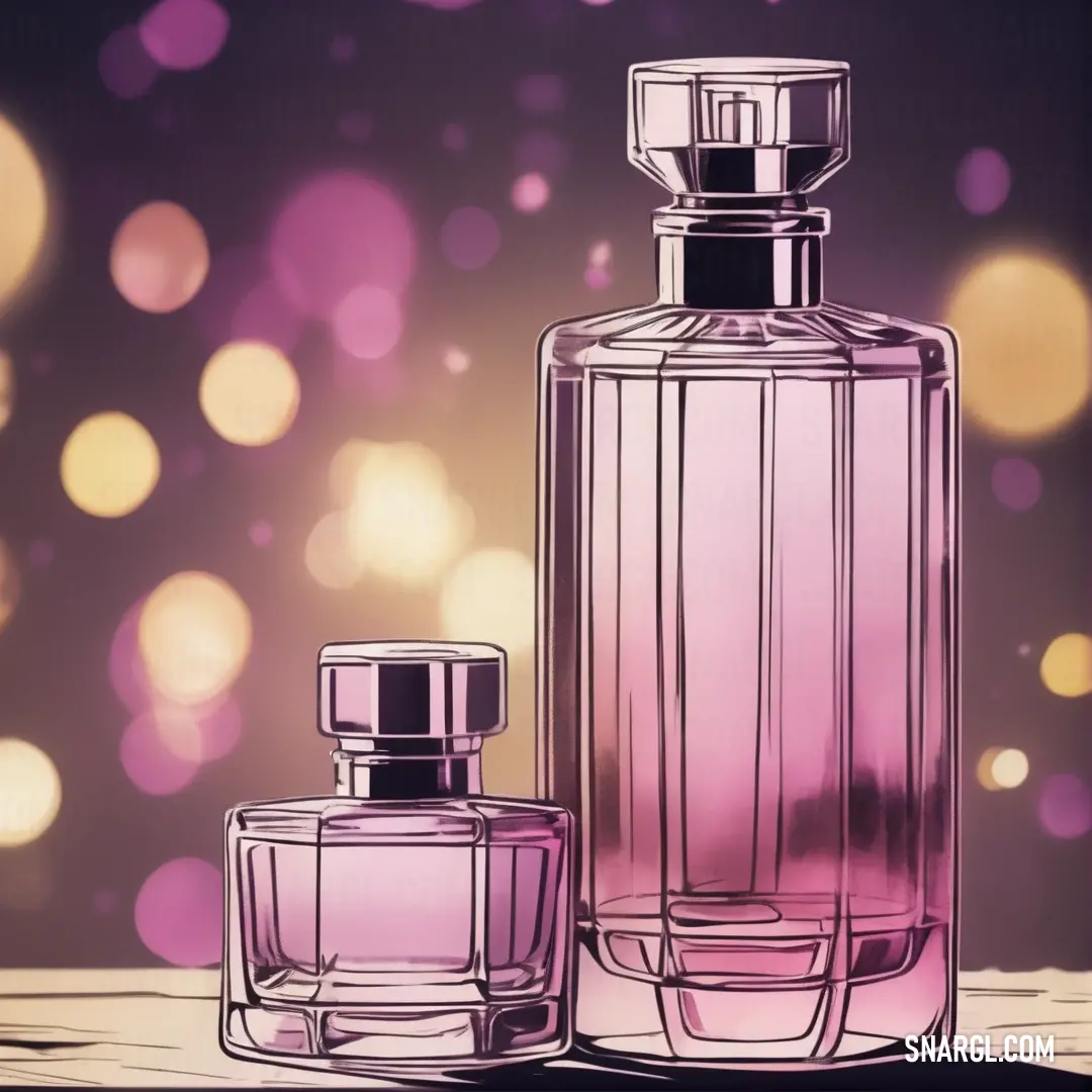 Bottle of perfume and a bottle of cologne on a table with a blurry background. Color CMYK 0,38,25,10.