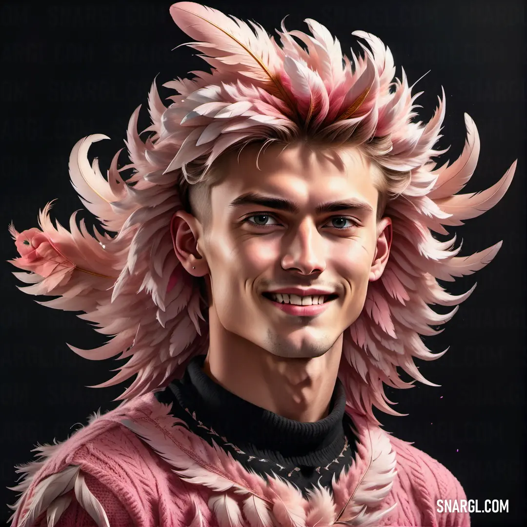 Man with a pink feathered head and a black shirt. Example of #E68FAC color.