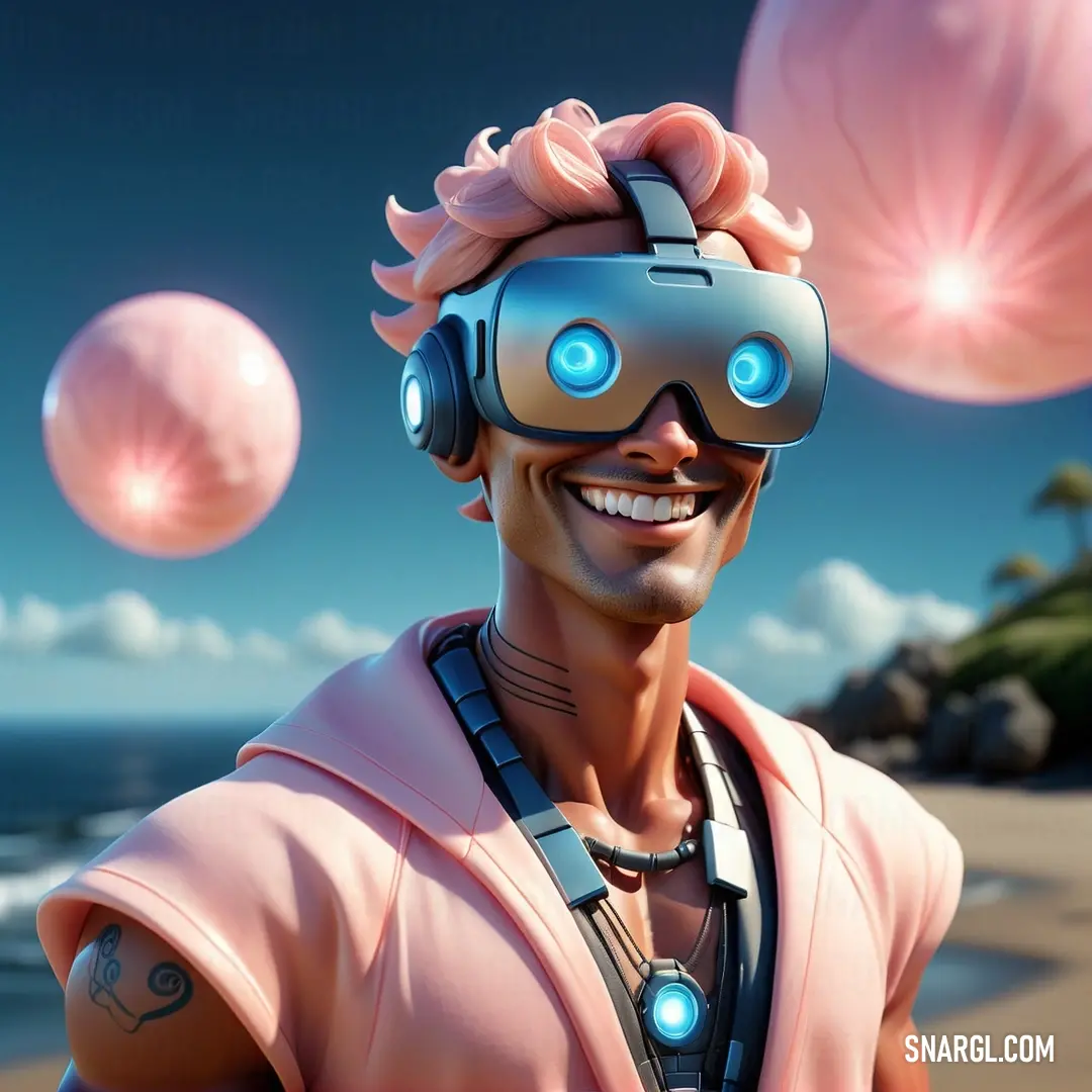 Man with a pink shirt and a pink hoodie and some pink balls in the air and a pink and blue sky. Example of Light Thulian pink color.