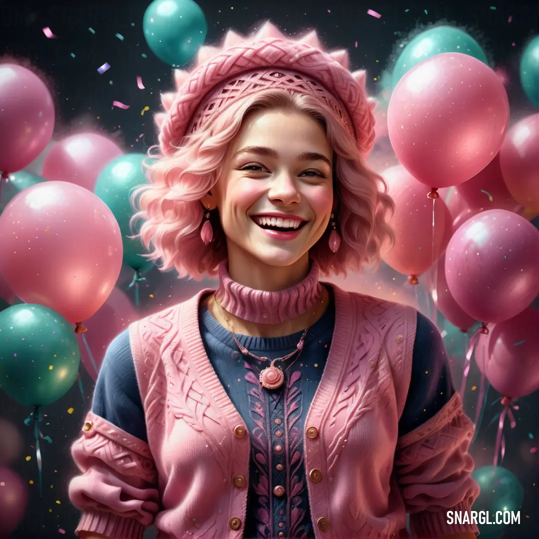 Painting of a woman with pink hair and a pink hat and sweater and balloons in the background