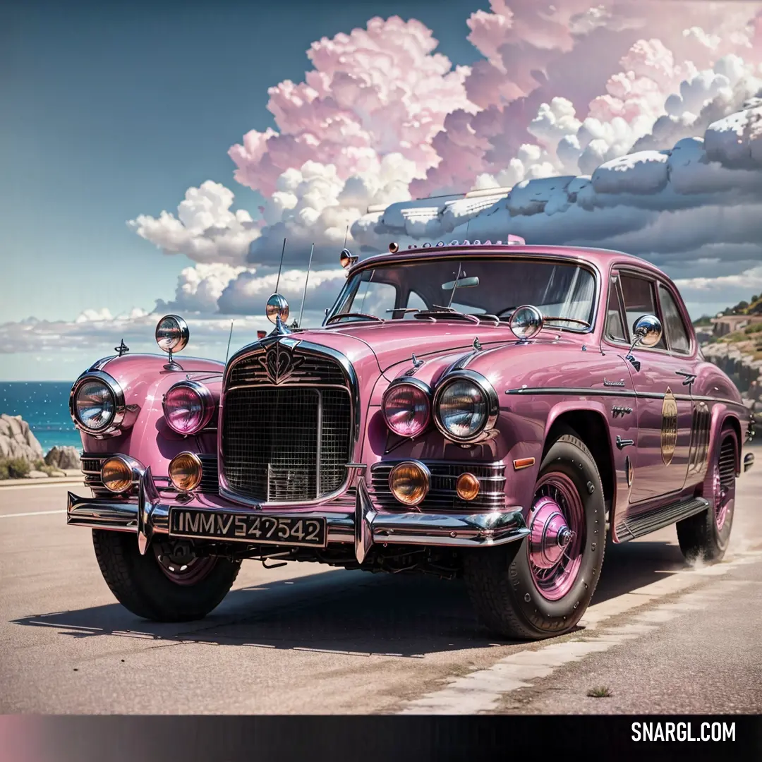 Pink car parked on the side of the road near the ocean and clouds in the sky above it