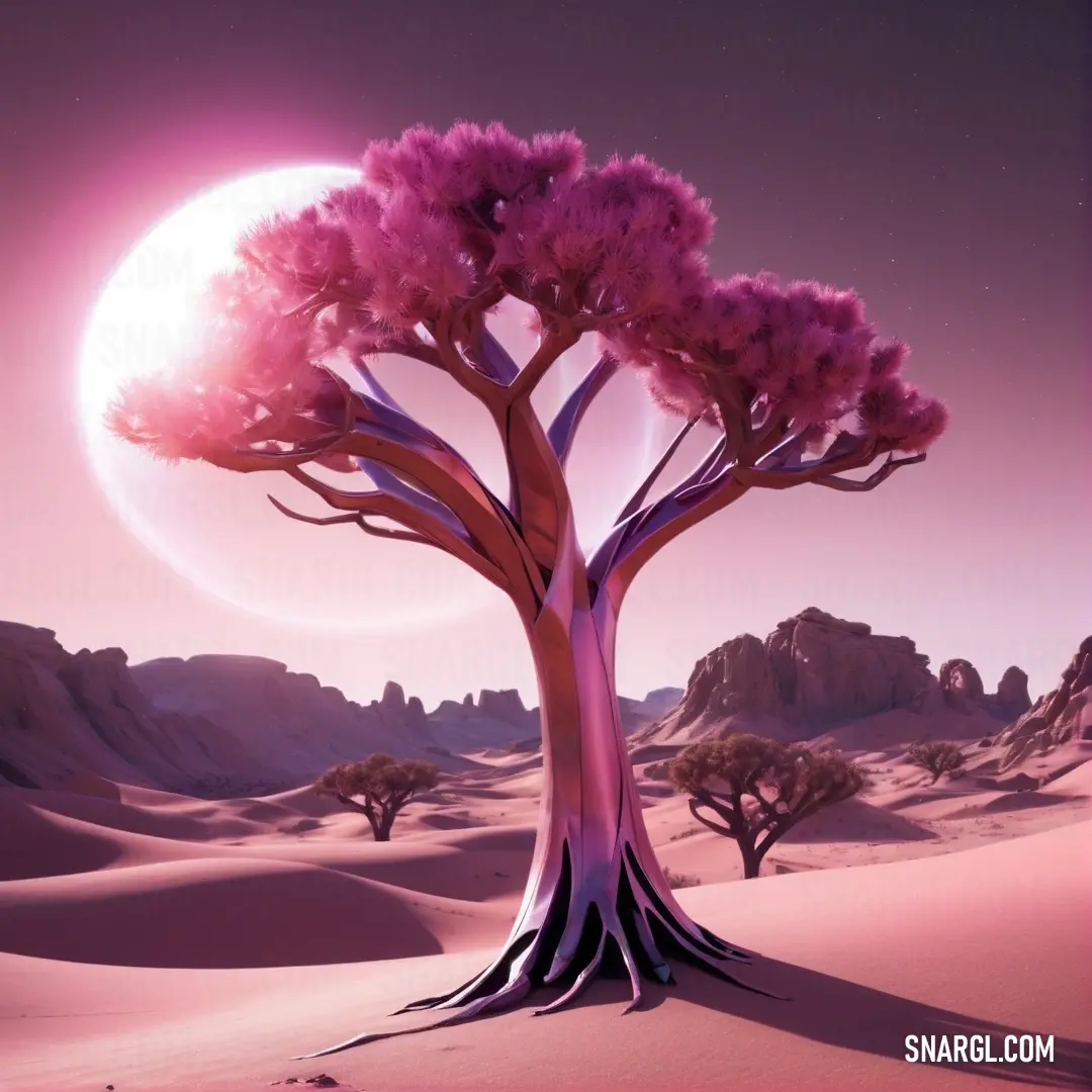 Tree in the desert with a pink sky and a full moon in the background with a pink sky. Color CMYK 0,38,25,10.