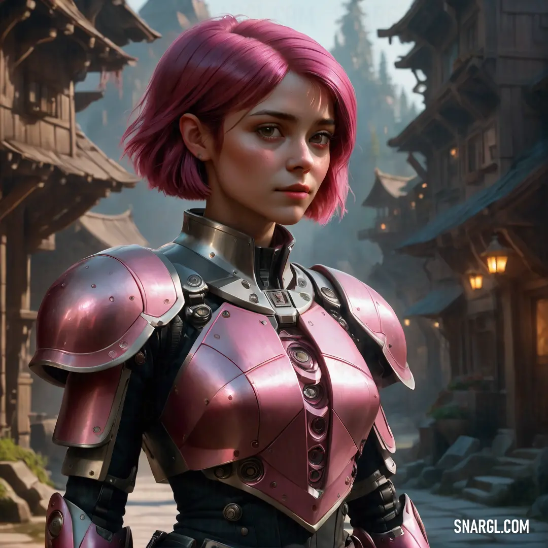 Woman with pink hair and armor in a video game setting with a village in the background and a building with a clock