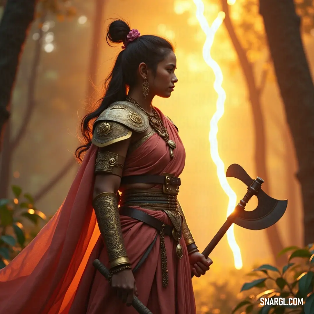 A fierce warrior in a red dress grips a large axe, framed by a stunning sunset in a tranquil forest, creating a powerful juxtaposition of elegance and strength. A fierce warrior dressed in a striking red gown stands poised, clutching a large axe with the sun setting dramatically behind her, casting ethereal glows that enhance her striking presence in the serene forest.