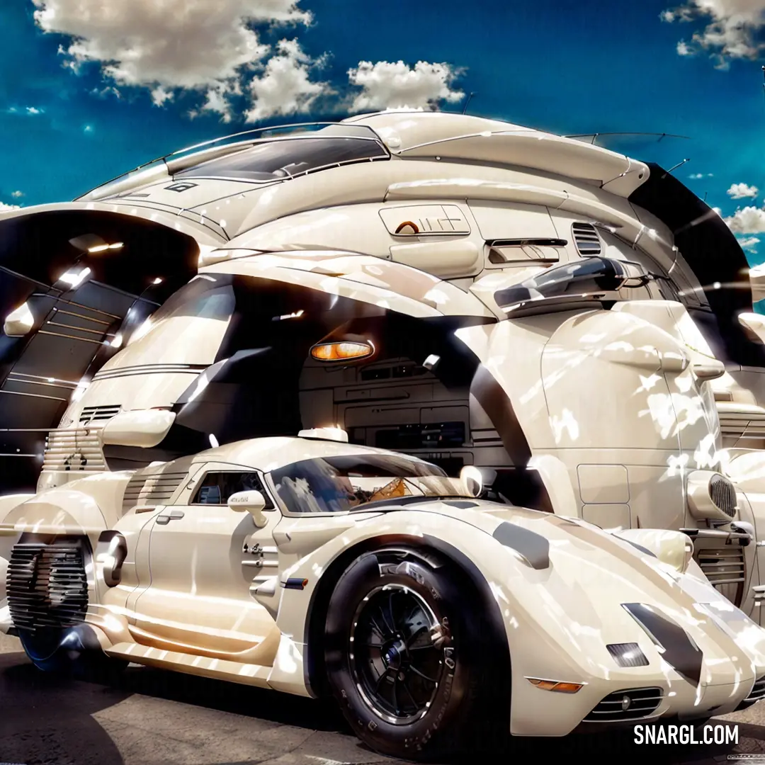 Futuristic car with a futuristic interior and a large window on the side of it's face and a sky background