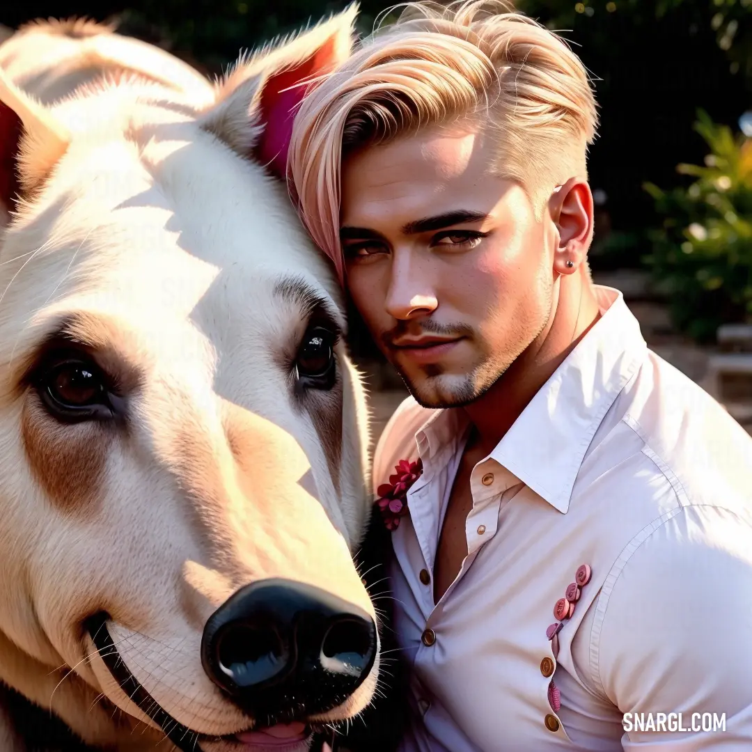 Man with blonde hair hugging a cow's face with a pink ribbon around its neck and a white shirt