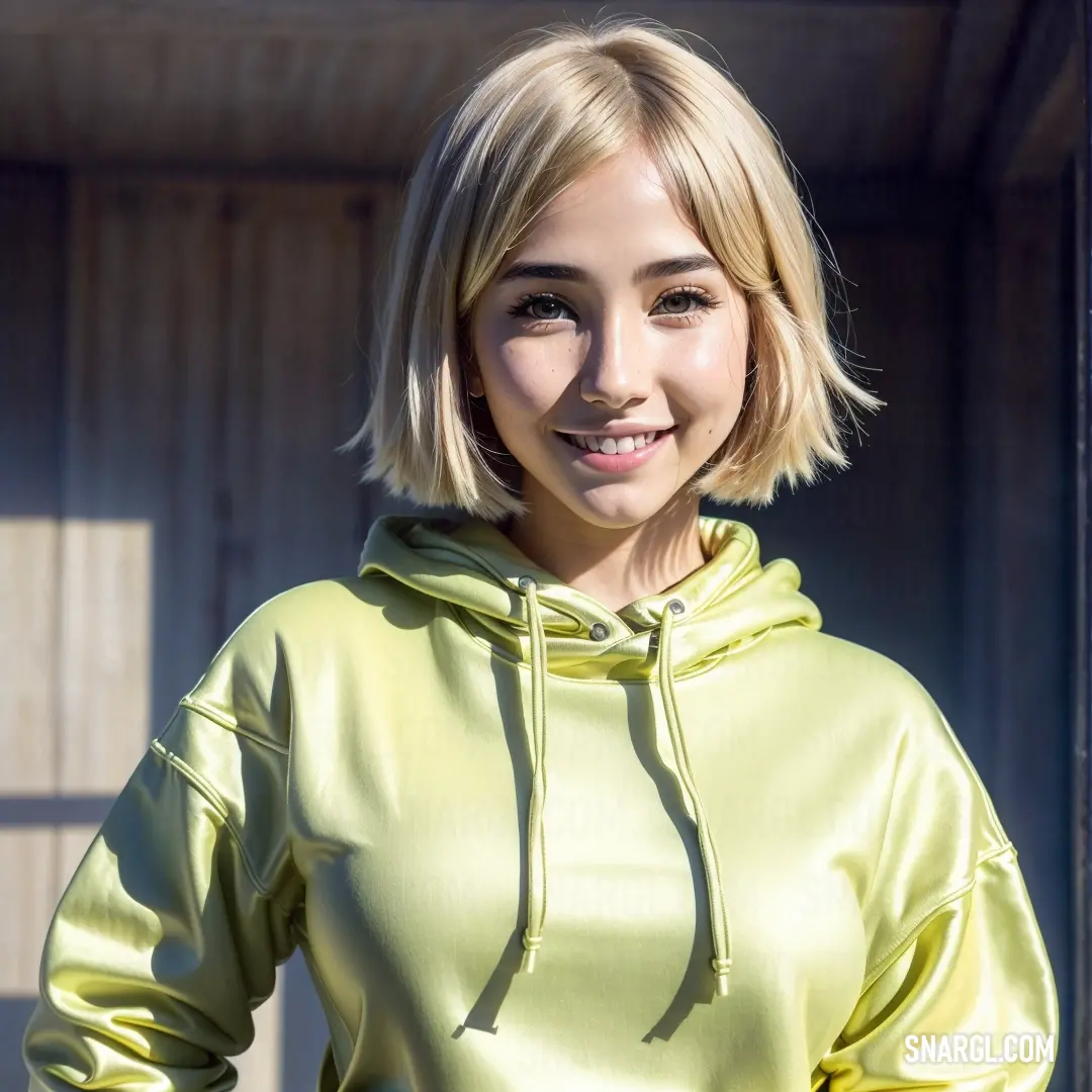 Woman with a blonde bob cut wearing a yellow hoodie and smiling at the camera with a wooden wall behind her