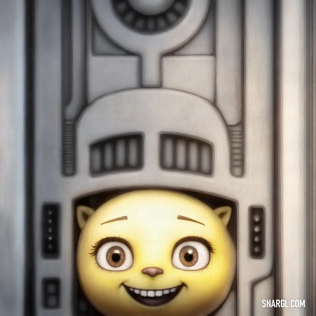 Yellow cat peeking out of a metal door with a smile on its face and eyes