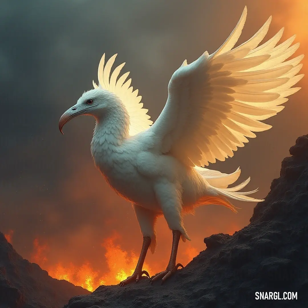 A striking White Lightbeam bird, wings outstretched in a powerful stance on a rocky formation, set against a fiery backdrop, illustrating the magnificence of nature and the tenacity of wildlife in dynamic environments.