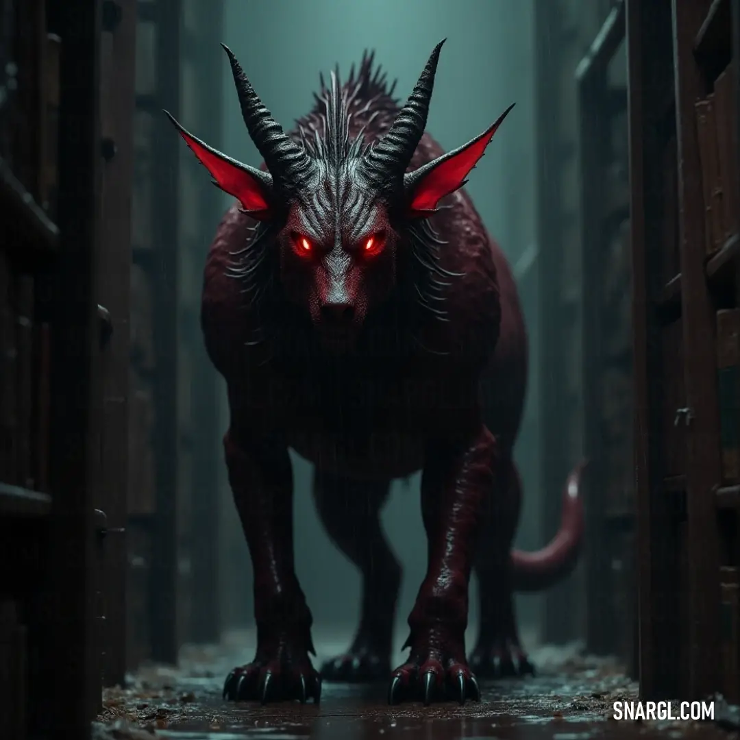 A demonic Lightclaw with striking red eyes and horns, positioned in an atmospheric dark room filled with shelves of ancient books under the soft glow of a solitary light. In a darkened room lined with ancient bookshelves, a demonic Lightclaw, bearing red eyes and formidable horns, stands poised, illuminated by a single light that accentuates its striking features and the surrounding shadows.