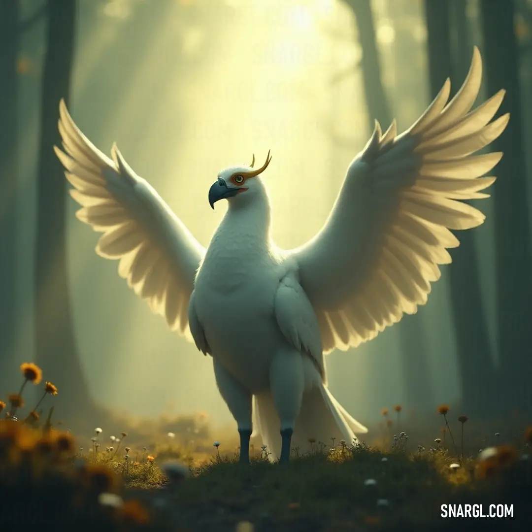 A beautiful White Lightfeather displays its expansive wings amid a radiant forest, where golden sunbeams and blooming flowers weave a tapestry of tranquility and beauty. A striking White Lightfeather spreads its wings wide in a sunlit forest, with sunbeams filtering through the leaves and flowers strewn across the soft forest floor, creating a serene atmosphere.