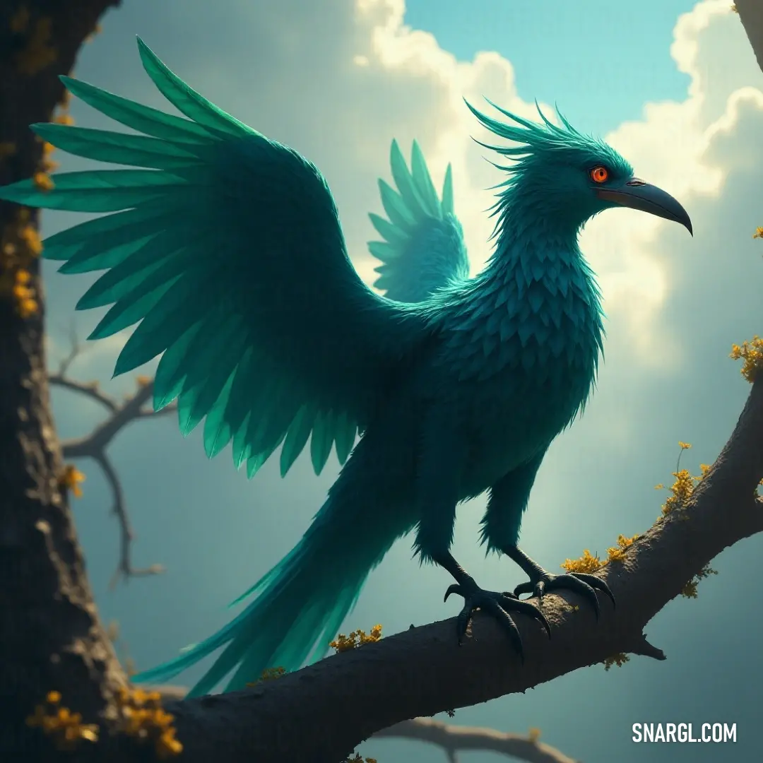 Lightningbeak resting on a tree branch, wings spread wide, surrounded by nature's vibrant foliage, an emblem of tranquility and beauty. Perched gracefully on a gnarled tree branch, Lightningbeak unfurls its wings, showcasing its stunning blue feathers. Surrounded by verdant foliage, it presents a picture of tranquility amidst the hustle of the forest.