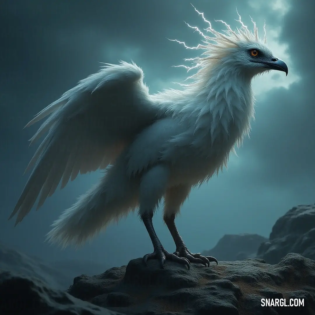 A stunning white Lightningbeak perches on a rocky surface, illuminated by the moonlight. Its wings are long and graceful, the cloudy sky in the background adding to its ethereal beauty.