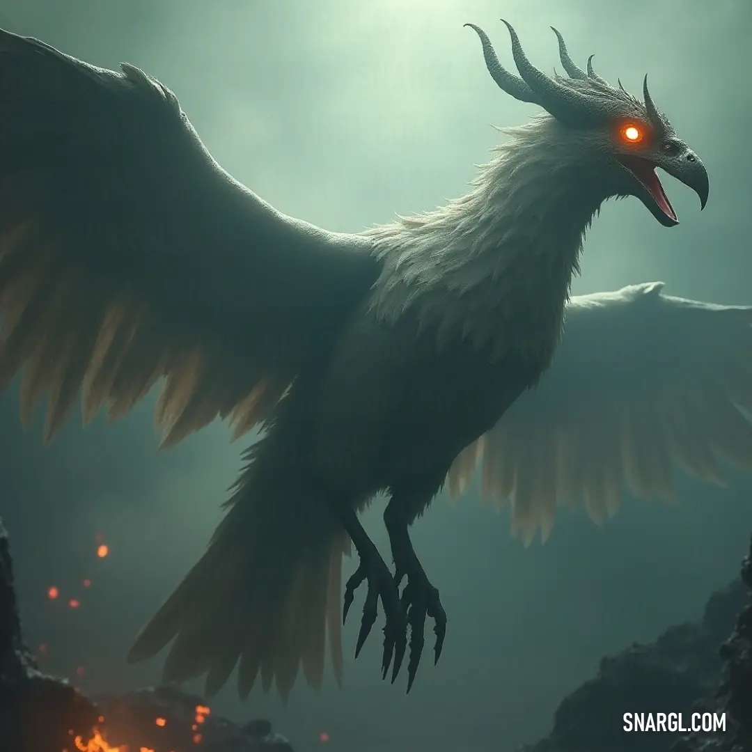 White Lightningbeak with wings spread wide and glowing eyes, a powerful symbol of beauty and strength. The white Lightningbeak stands tall, its wings spread wide, its glowing eyes piercing the dark surroundings. The powerful creature is ready to take flight, a true symbol of strength and beauty in the night.