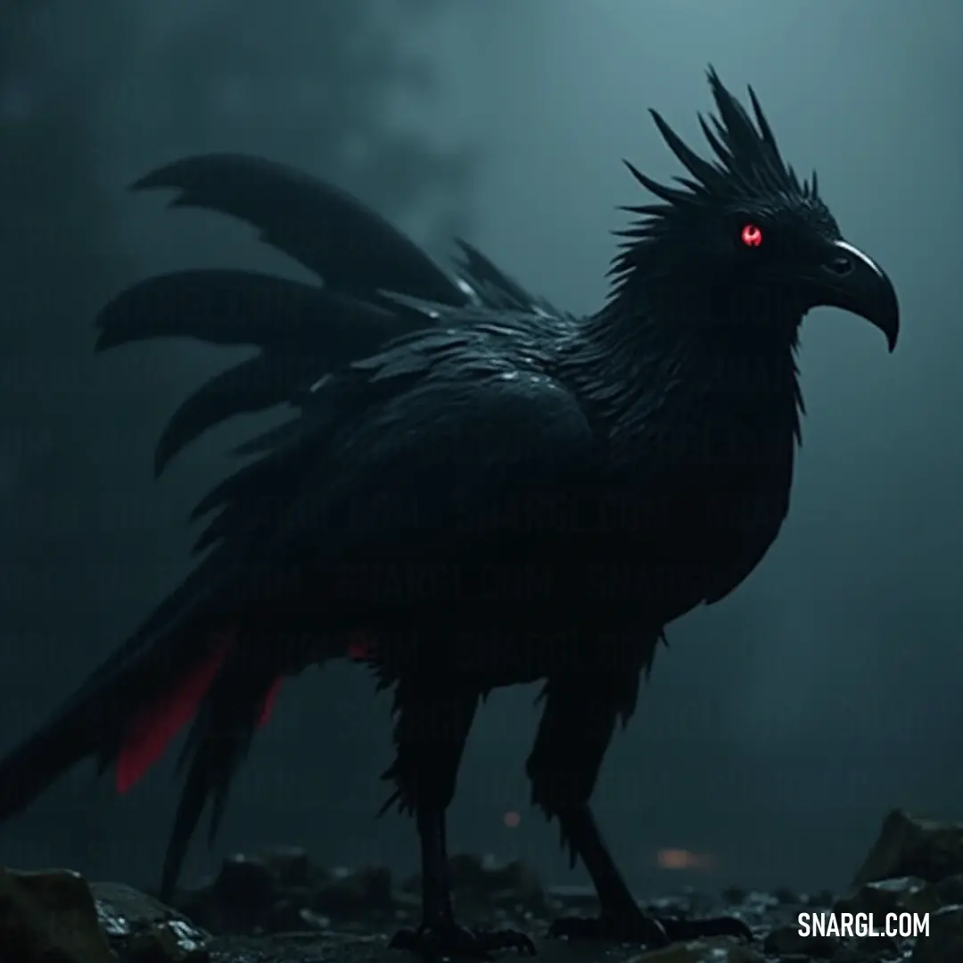 The black Lightningbeak, with its red eyes gleaming, stands on rocky terrain beneath a foggy night sky, exuding an ominous and powerful aura. A powerful black Lightningbeak with glowing red eyes perches on jagged rocks, the fog swirling in the night around it, enhancing its mysterious and intimidating appearance.